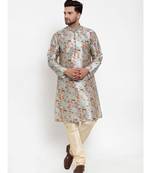 Men Turquoise Blue Silk Printed Kurta with Churidar
