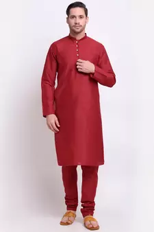 Men Silk Maroon Kurta & Churidar Set
