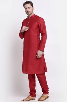 Men Silk Maroon Kurta & Churidar Set