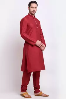 Men Silk Maroon Kurta & Churidar Set