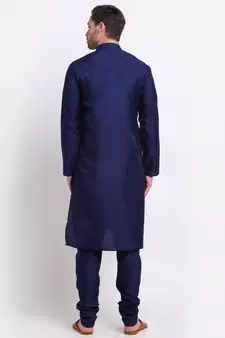 Men Silk Navy Blue Kurta & Churidar Set