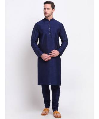 Men Silk Navy Blue Kurta & Churidar Set 4