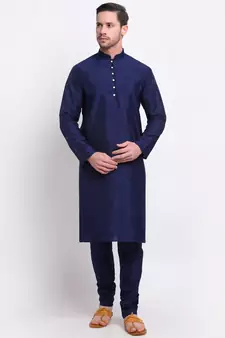Men Silk Navy Blue Kurta & Churidar Set