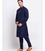 Men Silk Navy Blue Kurta & Churidar Set