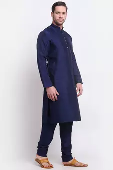 Men Silk Navy Blue Kurta & Churidar Set
