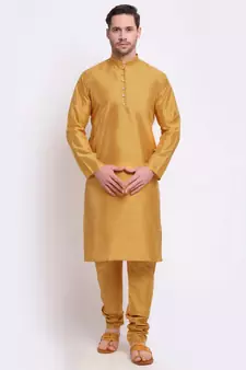 Men Silk Gold Kurta & Churidar Set