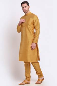 Men Silk Gold Kurta & Churidar Set