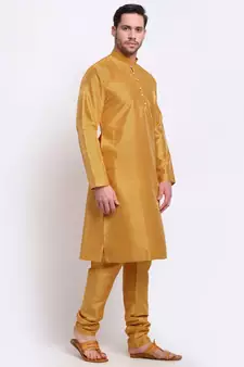 Men Silk Gold Kurta & Churidar Set