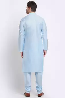 Men Silk Sky Blue Kurta & Churidar Set