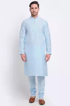 Men Silk Sky Blue Kurta & Churidar Set