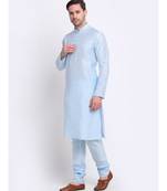 Men Silk Sky Blue Kurta & Churidar Set
