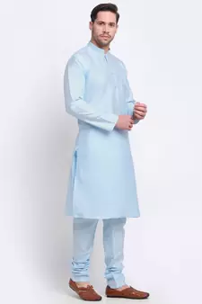 Men Silk Sky Blue Kurta & Churidar Set
