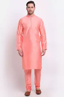 Men Silk Pink Kurta & Churidar Set