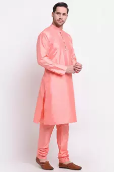 Men Silk Pink Kurta & Churidar Set