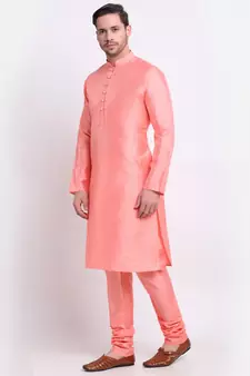 Men Silk Pink Kurta & Churidar Set