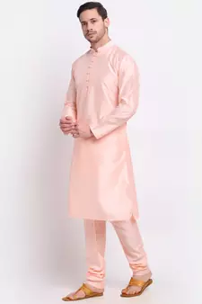Men Silk Peach Kurta & Churidar Set