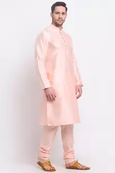 Men Silk Peach Kurta & Churidar Set
