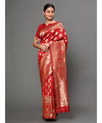 Red Color Beautiful Weaving Silk Blend Saree With Blouse 1