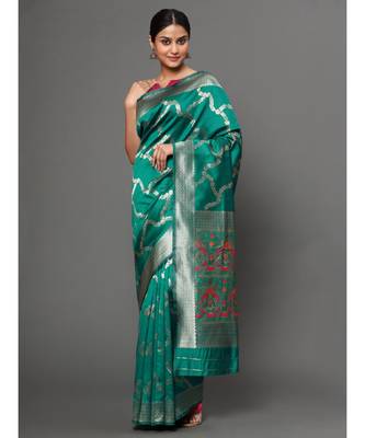 Teal Color Beautiful Weaving Banarasi Silk Saree With Blouse 1