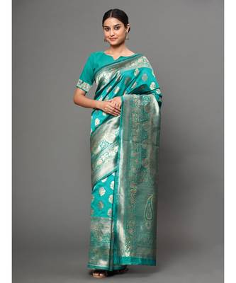 Rama Color Beautiful Weaving Silk Blend Saree With Blouse 1