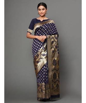 Navy Blue Color Beautiful Weaving Semi Silk Saree With Blouse 1