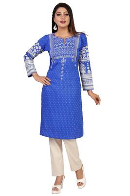 Royal-blue printed crepe short-kurtis 1