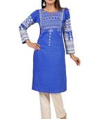 Royal-blue printed crepe short-kurtis