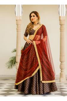 Maroon printed brocade stitched lehenga