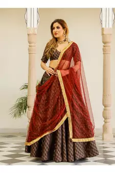 Maroon printed brocade stitched lehenga