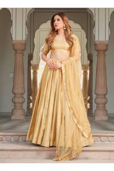 Beige printed brocade stitched lehenga