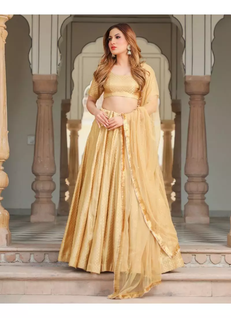 Beige printed brocade stitched lehenga