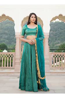 Teal printed brocade stitched lehenga