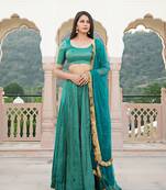 Teal printed brocade stitched lehenga