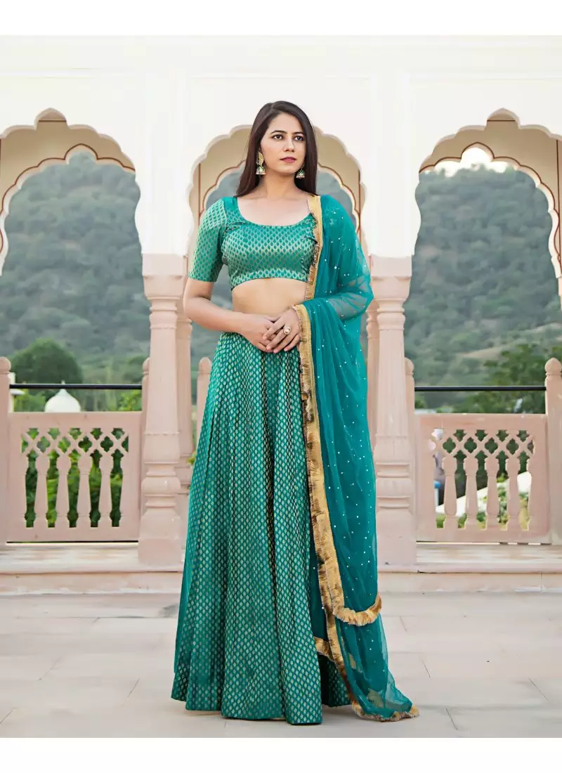Teal printed brocade stitched lehenga