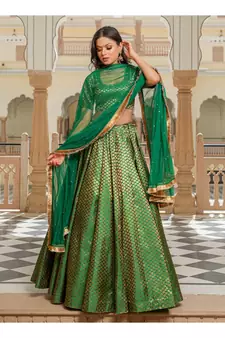 Green printed brocade stitched lehenga