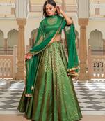 Green printed brocade stitched lehenga