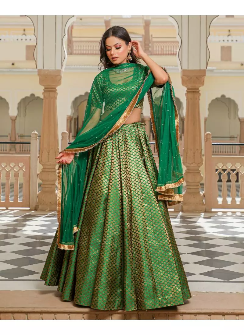 Green printed brocade stitched lehenga