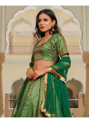 Green printed brocade stitched lehenga 4