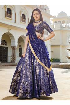 Blue printed brocade stitched lehenga