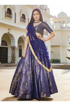 Blue printed brocade stitched lehenga