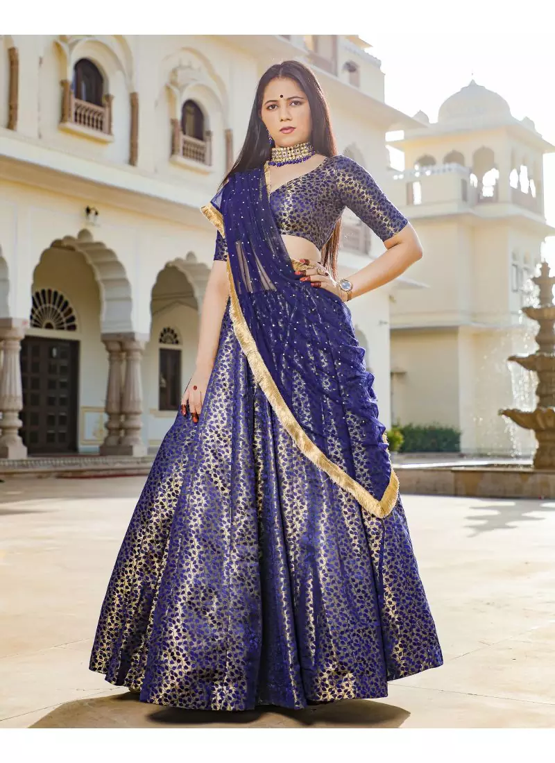 Blue printed brocade stitched lehenga