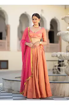 Coral printed brocade stitched lehenga