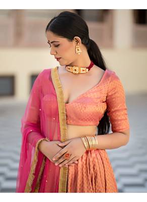 Coral printed brocade stitched lehenga 2