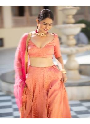 Coral printed brocade stitched lehenga 3