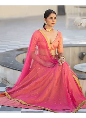 Coral printed brocade stitched lehenga 4