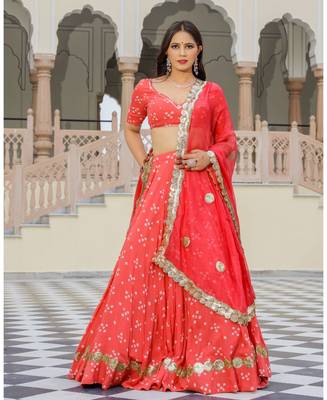 Coral embroidered cotton silk stitched lehenga 1