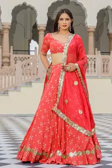 Coral embroidered cotton silk stitched lehenga