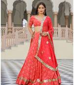 Coral embroidered cotton silk stitched lehenga