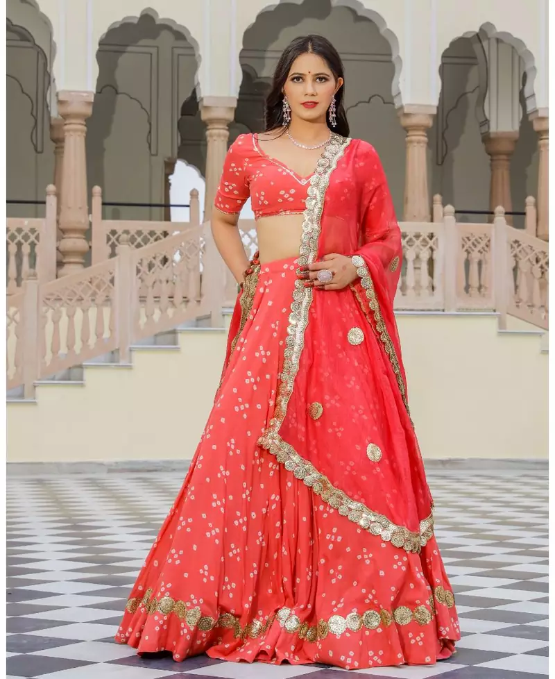 Coral embroidered cotton silk stitched lehenga