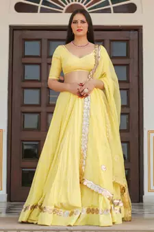Yellow embroidered cotton silk stitched lehenga